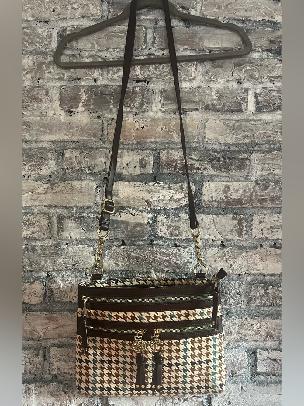 Spartina 449 Daufuskie Island Linen/Leather Houndstooth  Bag with Gold Hardware